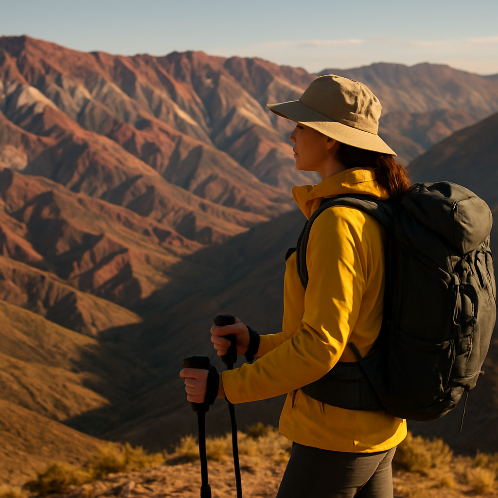 Carla, guía de senderismo, mirando las montañas de colores de la Quebrada de Humahuaca