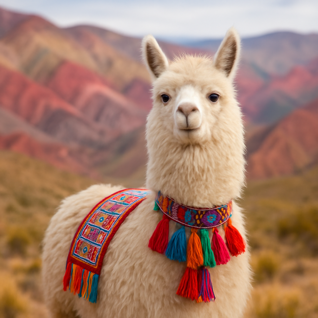 Llama con adornos andinos en la Quebrada